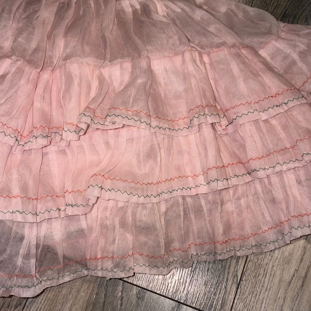 Vintage Pink Tiered Ruffle Crinoline Skirt Kids Metal Zipper Sheer Petticoat